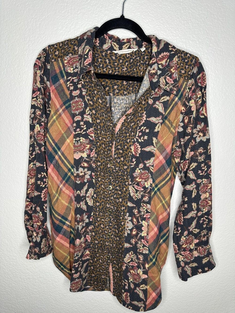 Soft Surroundings Shirt Womens Small Patchwork Floral Plaid Leopard Boho Top